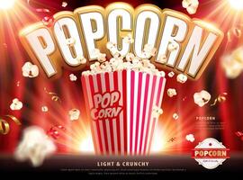 Light and crunchy popcorn ads with confetti and popcorn falling around on red background in 3d illustration vector
