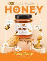 Organic honey ad template, glass jar mock-up set on podium with arch and honeycomb, 3d illustration vector