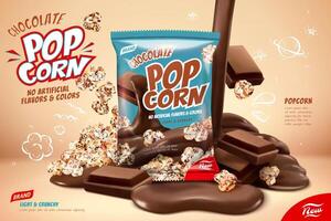 Chocolate popcorn ads, pouring liquid chocolate on popcorns and chocolate pieces design element in 3d illustration vector