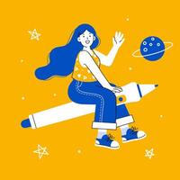 Girl sitting on a pen and waving her hand, concept of hi and goodbye, illustration in flat design isolated on yellow background vector