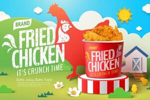 Delicious fried chicken in 3d illustration with farm theme background in paper cut design vector