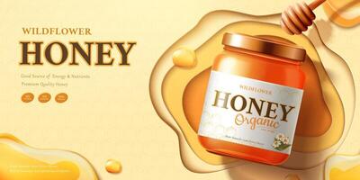 Wildflower honey ads with syrup and dipper on beige background in 3d illustration, flat lay vector