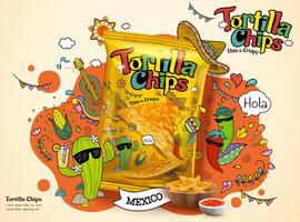 Tortilla corn chip bag in 3d illustration, ad design with cute cartoon cactus and chili illustrations on the background vector