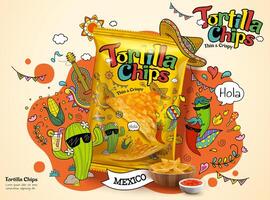 Tortilla corn chip bag in 3d illustration, ad design with cute cartoon cactus and chili illustrations on the background vector