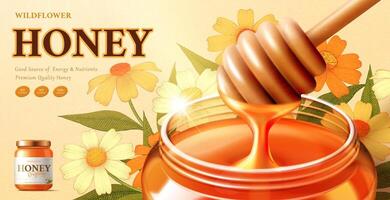 Wildflower honey ads with honey dipper dipped in a syrup jar in 3d illustration with flowers in background vector