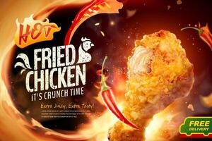 Delicious fried chicken in 3d illustration with fire and chili, concept of spicy flavor vector