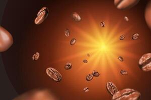 Golden glowing effect background with 3d illustration coffee beans flying around vector