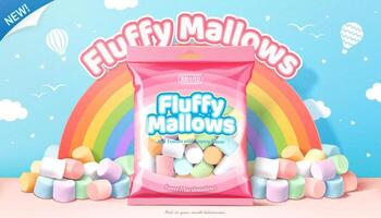 3d illustration ad of fluffy marshmallows, package of marshmallows against rainbow in blue sky vector