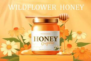 Wildflower honey product package design with honey dipper and dripping liquid in 3d illustration with flowers in background vector