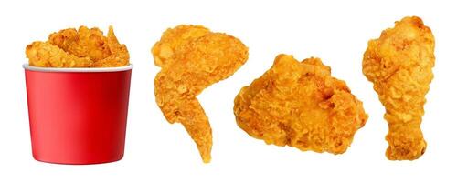 Crispy fried chicken pieces isolated on white background, 3d illustration vector