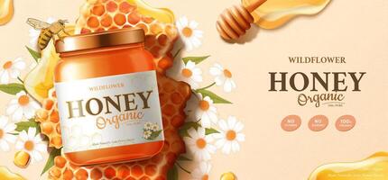 Organic honey product with honey dipper and honeybee on honeycomb design in 3d illustration with wildflowers on beige background vector