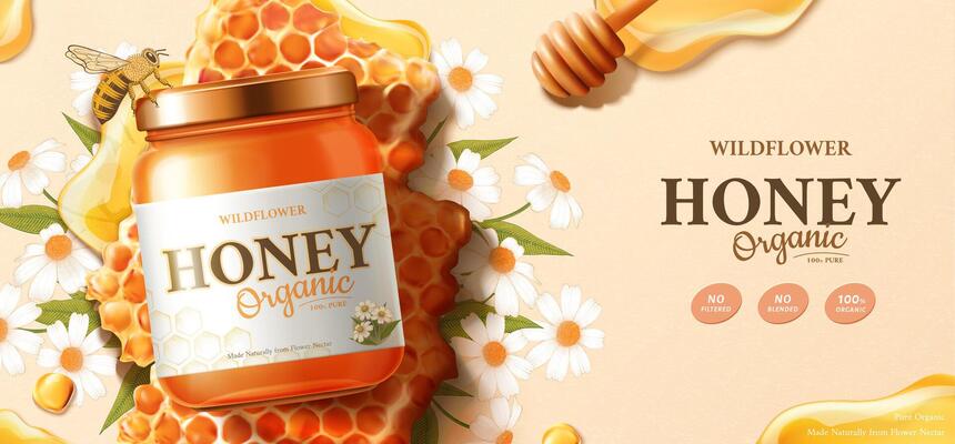 Organic honey product with honey dipper and honeybee on honeycomb design in 3d illustration with wildflowers on beige background