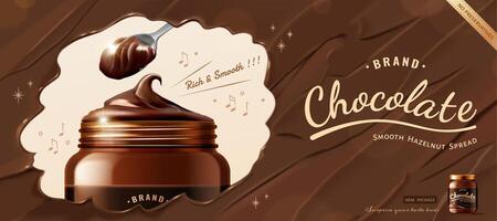 Creative chocolate spread ad in 3d illustration, dark chocolate texture background with luxury jar mock-up vector