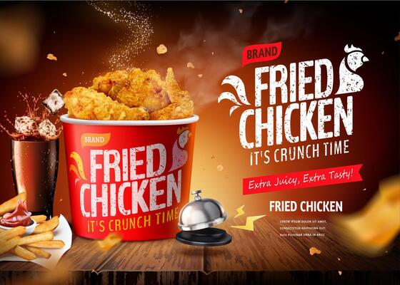 Delicious fried chicken set on wooden restaurant table, concept of big meal, in 3d illustration