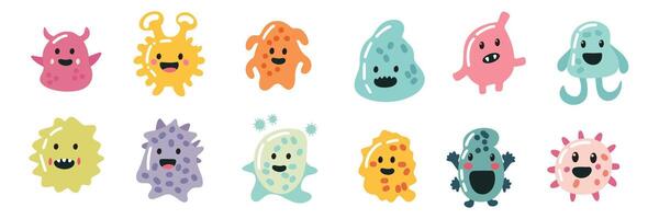 Set of cute microbes in flat style. Hand drawn art. vector