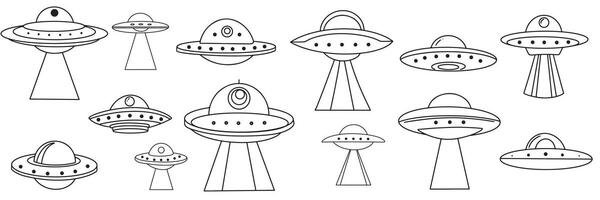 Set of UFO in doodle style. Hand drawn art vector