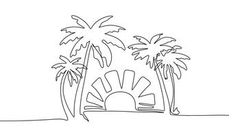 Beach landscape one line continuous. View with palm trees and sunset line art. Hand drawn art. vector