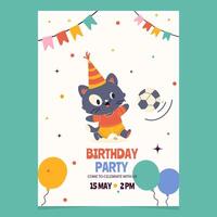 cumpleaños fiesta invitación con dibujos animados personaje gato fútbol americano jugador vector