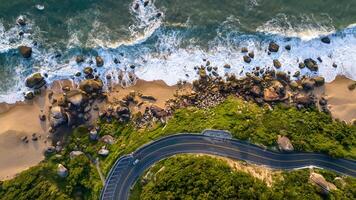 Balneario Camboriu in Santa Catarina. Taquaras Beach and Laranjeiras Beach in Balneario Camboriu. Aerial view in landscape. photo