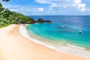 Fernando de Noronha, Brazil. Aerial view of Sancho Beach on Fernando de Noronha Island. View without anyone on the beach. Trees and plants around. photo