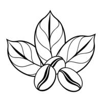 Coffee beans on coffee leaves, doodle stylized contour drawing on white background. Logo, icon. vector