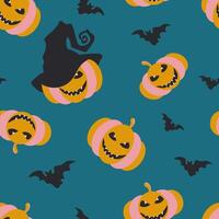 Pumpkins with emotions and bats on a dark blue background form a seamless pattern for holiday textiles. vector