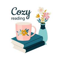 A cup of hot tea or coffee on a stack of paper books. Cozy, healthy reading at home or in the library. Self-education. vector