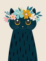 Blooming cat. Spring flowers on the head of a fancy cat with huge eyes isolated on a light gray vertical background. vector