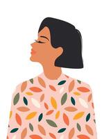 Pretty woman in a dress with black short hair is relaxed and enjoying life. Fashion girl deals with mental health and peace of mind. vector