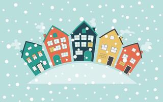 Colorful cute houses and snowfall. Winter postcard with buildings with copy space for text. Horizontal blue background. vector