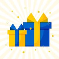 Festive two boxes with a bow in the colors of the flag of Ukraine on a white background with rays and confetti. vector