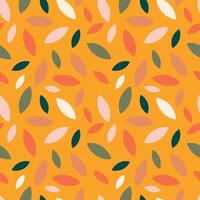 Autumn leaf fall on a yellow mustard background. Seamless cute pattern with leaves or grains in different colors. vector