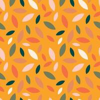 Autumn leaf fall on a yellow mustard background. Seamless cute pattern with leaves or grains in different colors. vector