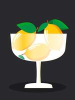 Juicy lemons with leaves in a transparent frosted glass vase on a black background. Vertical banner with sour fruits for lemonade. vector
