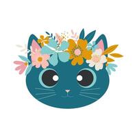 Blooming cat. Spring flowers on the head of a fancy cat with huge eyes isolated on a white background. vector