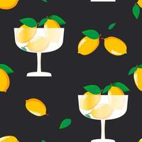 Lemons and bowls of fruit form a seamless pattern with a black background. vector