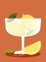 Juicy lemons with leaves in a transparent frosted glass vase on a brown background. Vertical banner with sour fruit slices for lemonade. vector