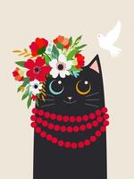 A March Ukrainian cat with spring flowers on his head and beads whimsically watches a dove with his large yellow and blue eyes, isolated on a light gray vertical background. vector