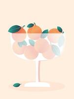 Composition of exotic oranges with leaves in a transparent frosted glass vase on a pink background. Vertical banner with fruits. vector