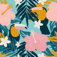 Collage with toucans modern hibiscus flowers, plumeria and leaves form a seamless pattern. Exotic design for wrapping paper, fabric. vector