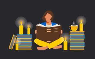 The girl sits with an open book and reads by candlelight. Online education concept with lights off. Ukraine without electricity and heat in 2022. vector