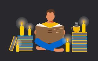 The guy sits with an open book and reads by candlelight. The concept of online education with the lights off. Ukraine without electricity and heat in 2022. vector