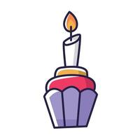 Hand drawn delicious cupcake with a burning candle in cartoon style vector