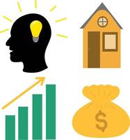 Business and finances illustration, side view head silhouette yellow light bulb, money sack, house, uptrend bar chart clipart vector