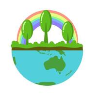 Save the planet illustration, half world with cartoon trees, bushes, and rainbow vector