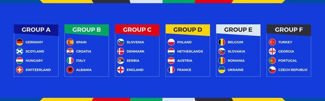 Football tournament 2024 final stage participants flags sorted by group on blue background. vector