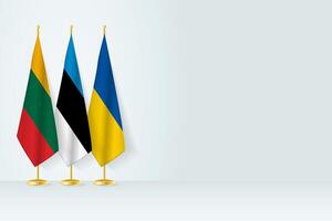 Flags of Lithuania, Estonia and Ukraine stand in row on indoor flagpole. vector