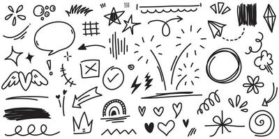 Hand drawn set elements, Abstract arrows, ribbons, hearts, stars, crowns and other elements in a hand drawn style for concept designs. Scribble illustration. vector
