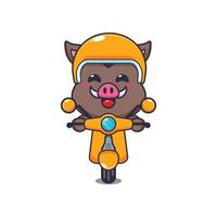 Cute boar mascot cartoon character ride on scooter vector