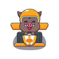 Cute boar mascot cartoon character riding race car vector